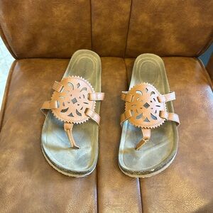 Maurice’s Tan Laser-Cut Toe-Post Sandals